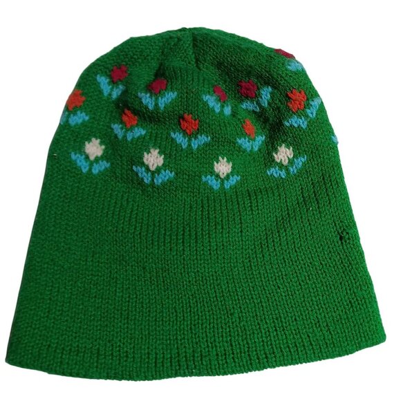 Vintage 1980's Boys Girls Medium Knitted Green Beanie Cap Floral Pattern - Picture 4 of 7